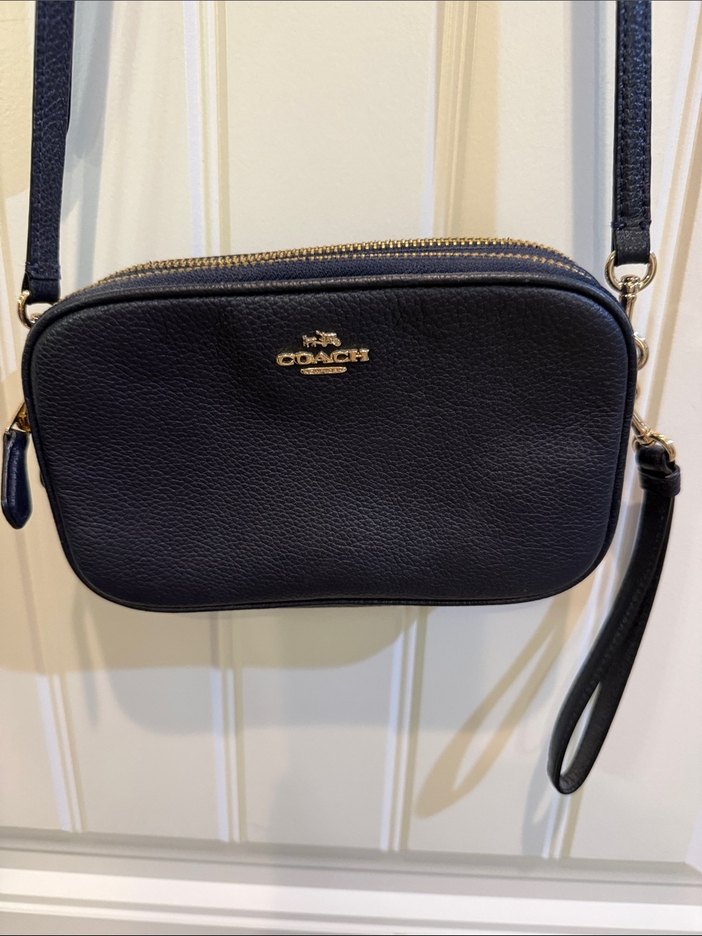 Coach Pebble Leather Crossbody Bag in Navy with Gold Hardware